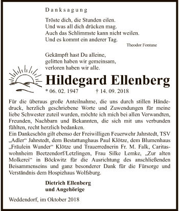 Todesanzeige von Hildegard Ellenberg von Uelzen