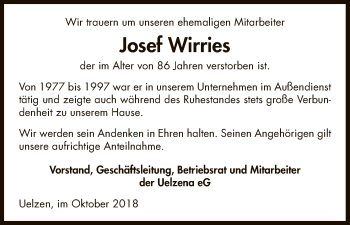 Todesanzeige von Josef Wirries von Uelzen