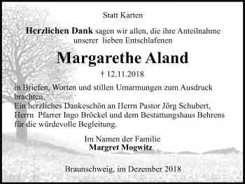 Todesanzeige von Margarethe Aland von Uelzen