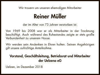 Todesanzeige von Reiner Müller von Uelzen