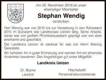 Todesanzeige von Stephan Wendig von Uelzen