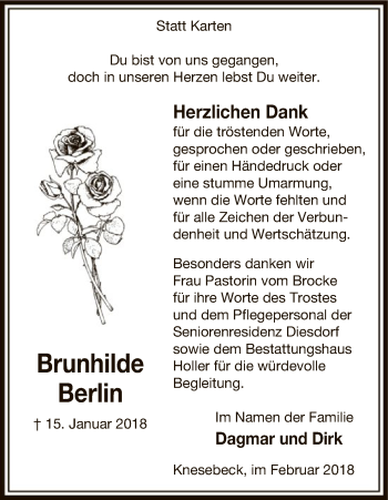 Todesanzeige von Brunhilde Berlin von Uelzen