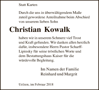 Todesanzeige von Christian Kowalk von Uelzen