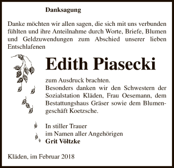 Todesanzeige von Edith Piasecki von Uelzen