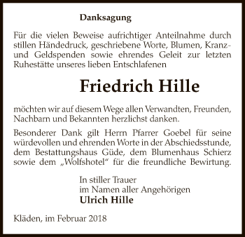 Todesanzeige von Friedrich Hille von Uelzen