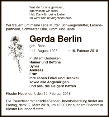 Todesanzeige von Gerda Berlin von Uelzen