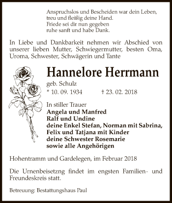 Todesanzeige von Hannelore Herrmann von Uelzen