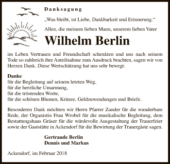 Todesanzeige von Wilhelm Berlin von Uelzen