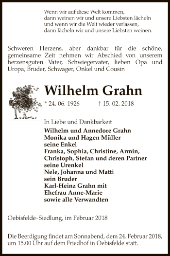 Todesanzeige von Wilhelm Grahn von Uelzen