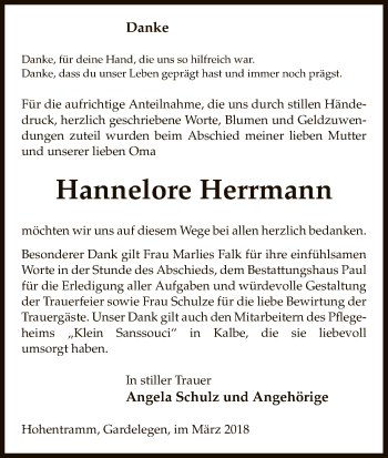 Todesanzeige von Hannelore Herrmann von Uelzen