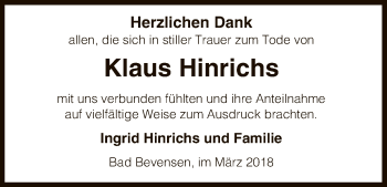 Todesanzeige von Klaus Hinrichs von Uelzen