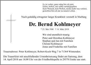 Todesanzeige von Bernd Kohlmeyer von Uelzen
