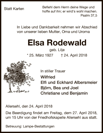 Todesanzeige von Elsa Rodewald von Uelzen