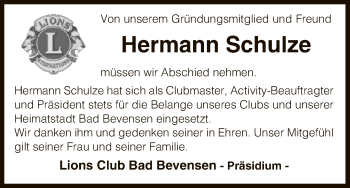 Todesanzeige von Hermann Schulze von Uelzen
