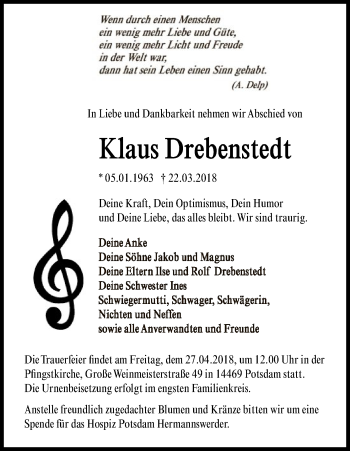 Todesanzeige von Klaus Drebenstedt von Uelzen