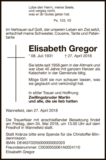 Todesanzeige von Elisabeth Gregor von Uelzen