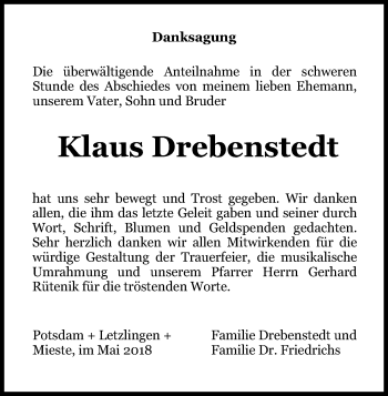 Todesanzeige von Klaus Drebenstedt von Uelzen