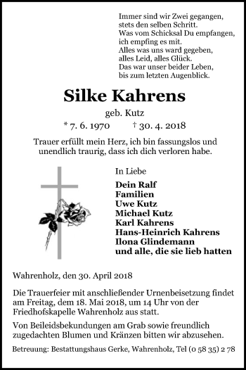 Todesanzeige von Silke Kahrens von Uelzen