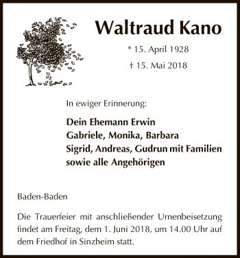 Todesanzeige von Waltraud Kano von Uelzen