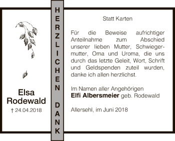 Todesanzeige von Elsa Rodewald von Uelzen