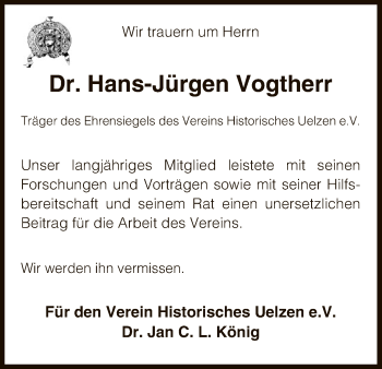 Todesanzeige von Hans-Jürgen Vogtherr von Uelzen