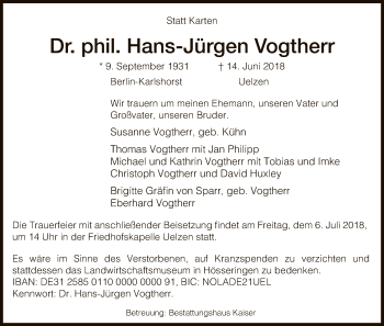 Todesanzeige von Hans-Jürgen Vogtherr von Uelzen