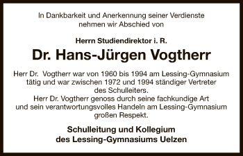 Todesanzeige von Hans-Jürgen Vogtherr von Uelzen