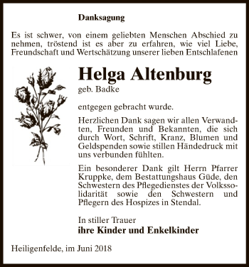 Todesanzeige von Helga Altenburg von Uelzen