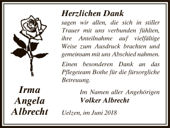 Todesanzeige von Irma Angela Albrecht von Uelzen