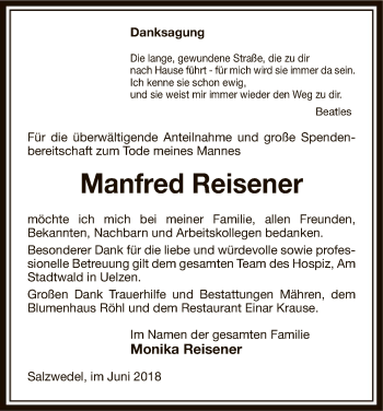 Todesanzeige von Manfred Reisener von Uelzen