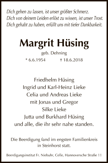 Todesanzeige von Margrit Hüsing von Uelzen
