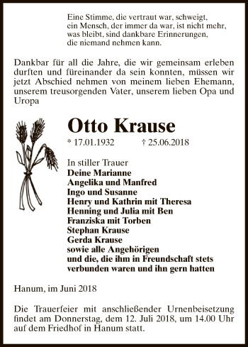 Todesanzeige von Otto Krause von Uelzen