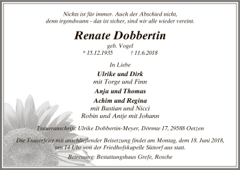 Todesanzeige von Renate Dobbertin von Uelzen
