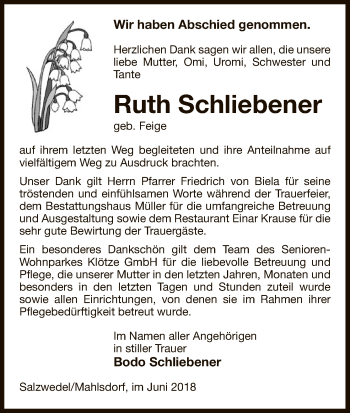 Todesanzeige von Ruth Schliebener von Uelzen