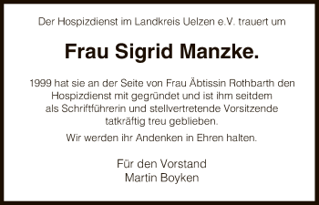 Todesanzeige von Sigrid Manzke von Uelzen