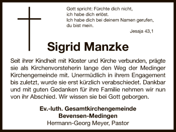 Todesanzeige von Sigrid Manzke von Uelzen