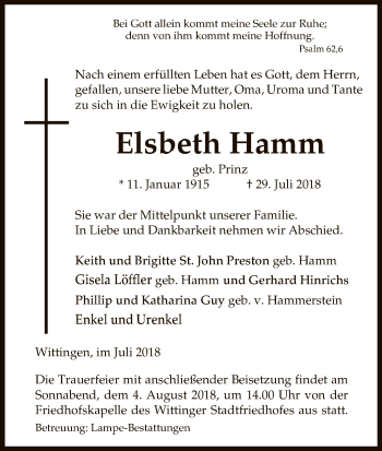 Todesanzeige von Elsbeth Hamm von Uelzen