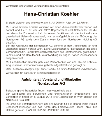 Todesanzeige von Hans-Christian Koehler von Uelzen