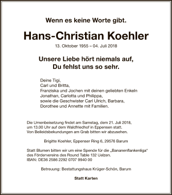 Todesanzeige von Hans-Christian Koehler von Uelzen