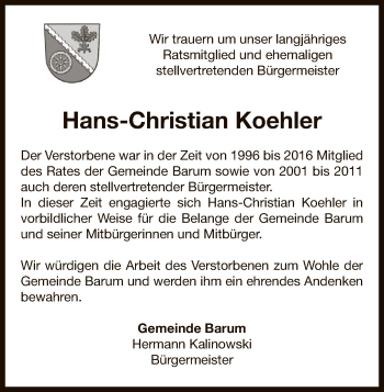 Todesanzeige von Hans-Christian Koehler von Uelzen