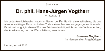 Todesanzeige von Hans-Jürgen Vogtherr von Uelzen