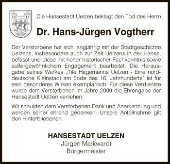 Todesanzeige von Hans-Jürgen Vogtherr von Uelzen