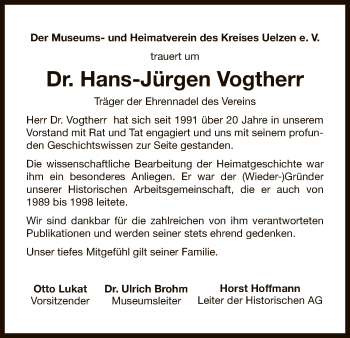 Todesanzeige von Hans-Jürgen Vogtherr von Uelzen