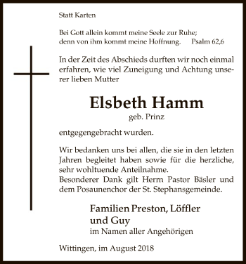 Todesanzeige von Elsbeth Hamm von Uelzen