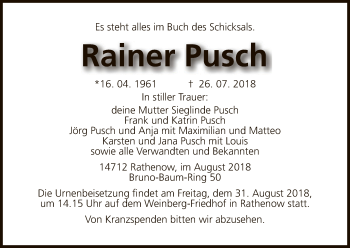 Todesanzeige von Rainer Pusch von Uelzen