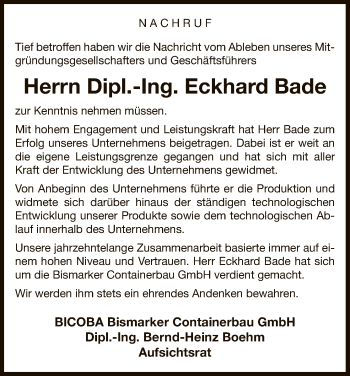 Todesanzeige von Eckhard Bade von Uelzen
