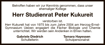 Todesanzeige von Peter Kukureit von Uelzen