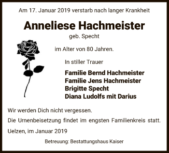 Todesanzeige von Anneliese Hachmeister von Uelzen