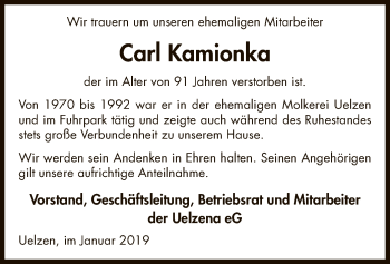 Todesanzeige von Carl Kamionka von Uelzen