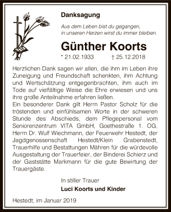Todesanzeige von Günther Koorts von Uelzen